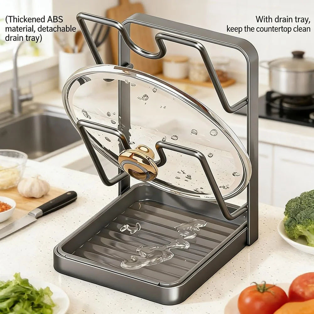 Kitchen Pot Lid Storage Rack Stainless Steel Pot Lid Holder While Cooking & Spoon Rest Multifunctional Pot Lid Organizer with Removable Drip Tray for Countertop Space-Saving Lid Rack – Durable Stainless Steel Construction for Streamlined Everyday Routines