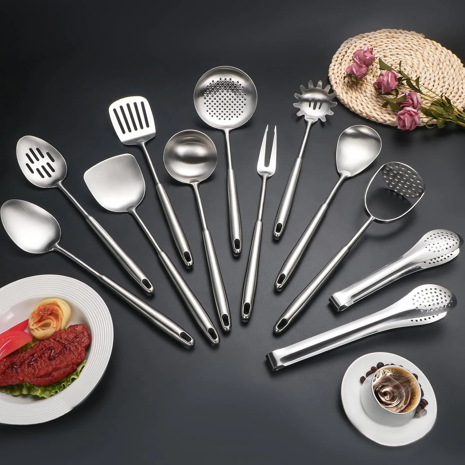 304 Stainlss Steel Kitchen Utensils Set 12 Pcs Long Metal Cooking Utensil Gadgets Tools Set with Spatula Ladle Spoon Ladle Skimmer Tunner Pasta Server Tongs(Silver Dishwasher Suitable) – Convenient Multi-Piece Set for Streamlined Everyday Routines