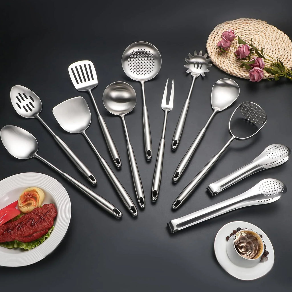 304 Stainless Steel Cooking Utensils,6 Pcs Kitchen Cooking Utensils Set with Spatula Solid Spoon Ladle Skimmer Spaghetti Spoon,Dishwasher Suitable(Black) – Durable Stainless Steel Construction for Streamlined Everyday Routines