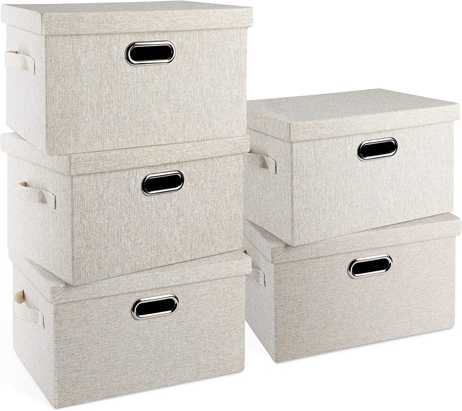 Medium 15" 21 Quart Collapsible Stackable Storage Bins with Lids 5 Packs Beige Foldable Fabric Closet Boxes Heavy-duty Lidded Linen Cube Baskets Container Organizers and Storage – Multiroom Organization Format for Streamlined Everyday Routines