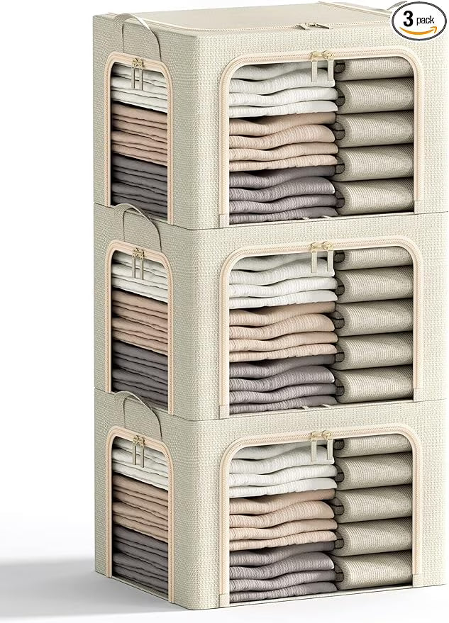 3 Openings Clothes Storage Bins with Metal Frame Foldable Storage Bin for Clothes Clothing Storage Bins with Lid Linen Storage Box With Clear Window＆ Zippers＆ Durable Handles.(3 – Multiroom Organization Format for Streamlined Everyday Routines