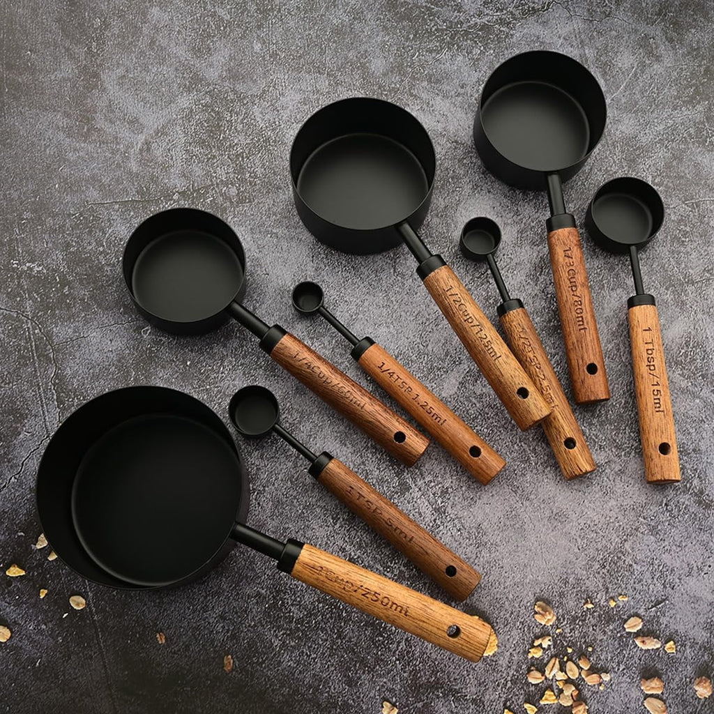 8 pieces Golden Measuring Cups Set and Measuring Spoons Set with Scale Wooden Handle Stainless Steel Dry & Liquid Measuring Cup for Cooking Baking – Convenient Carry Handles for Streamlined Everyday Routines