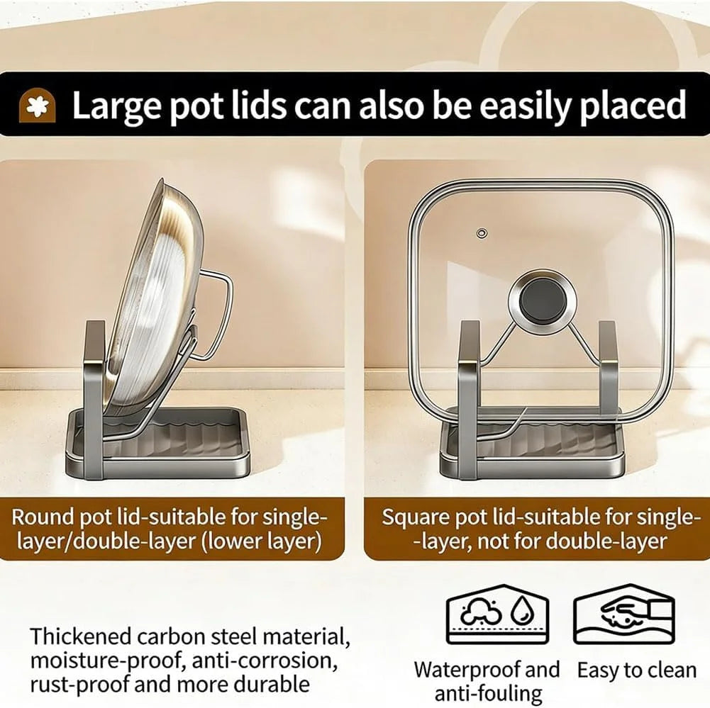 Kitchen Pot Lid Storage Rack Stainless Steel Pot Lid Holder While Cooking & Spoon Rest Multifunctional Pot Lid Organizer with Removable Drip Tray for Countertop Space-Saving Lid Rack – Durable Stainless Steel Construction for Streamlined Everyday Routines
