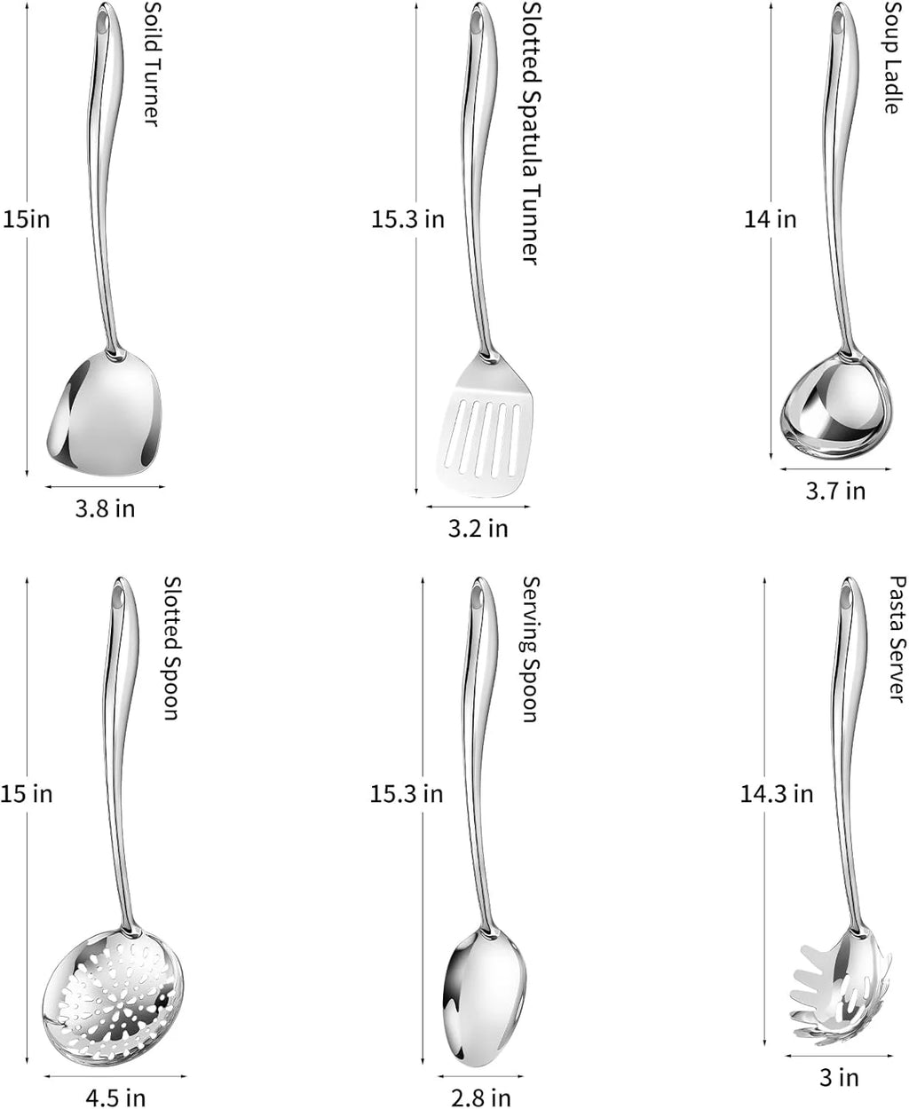 304 Stainless Steel Cooking Utensils Set,6 Pcs Long Metal Kitchen Utensils Set with Spatula Solid Spoon Ladle Skimmer Spaghetti Spoon,Dishwasher Suitable – Durable Stainless Steel Construction for Streamlined Everyday Routines
