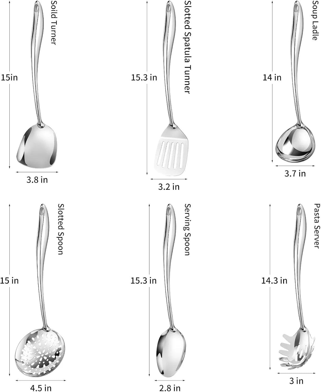 304 Stainless Steel Cooking Utensils Set,6 Pcs Long Metal Kitchen Utensils Set with Spatula Solid Spoon Ladle Skimmer Spaghetti Spoon,Dishwasher Suitable – Durable Stainless Steel Construction for Streamlined Everyday Routines