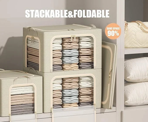 3 Openings Clothes Storage Bins with Metal Frame Foldable Storage Bin for Clothes Clothing Storage Bins with Lid Linen Storage Box With Clear Window＆ Zippers＆ Durable Handles.(3 – Multiroom Organization Format for Streamlined Everyday Routines