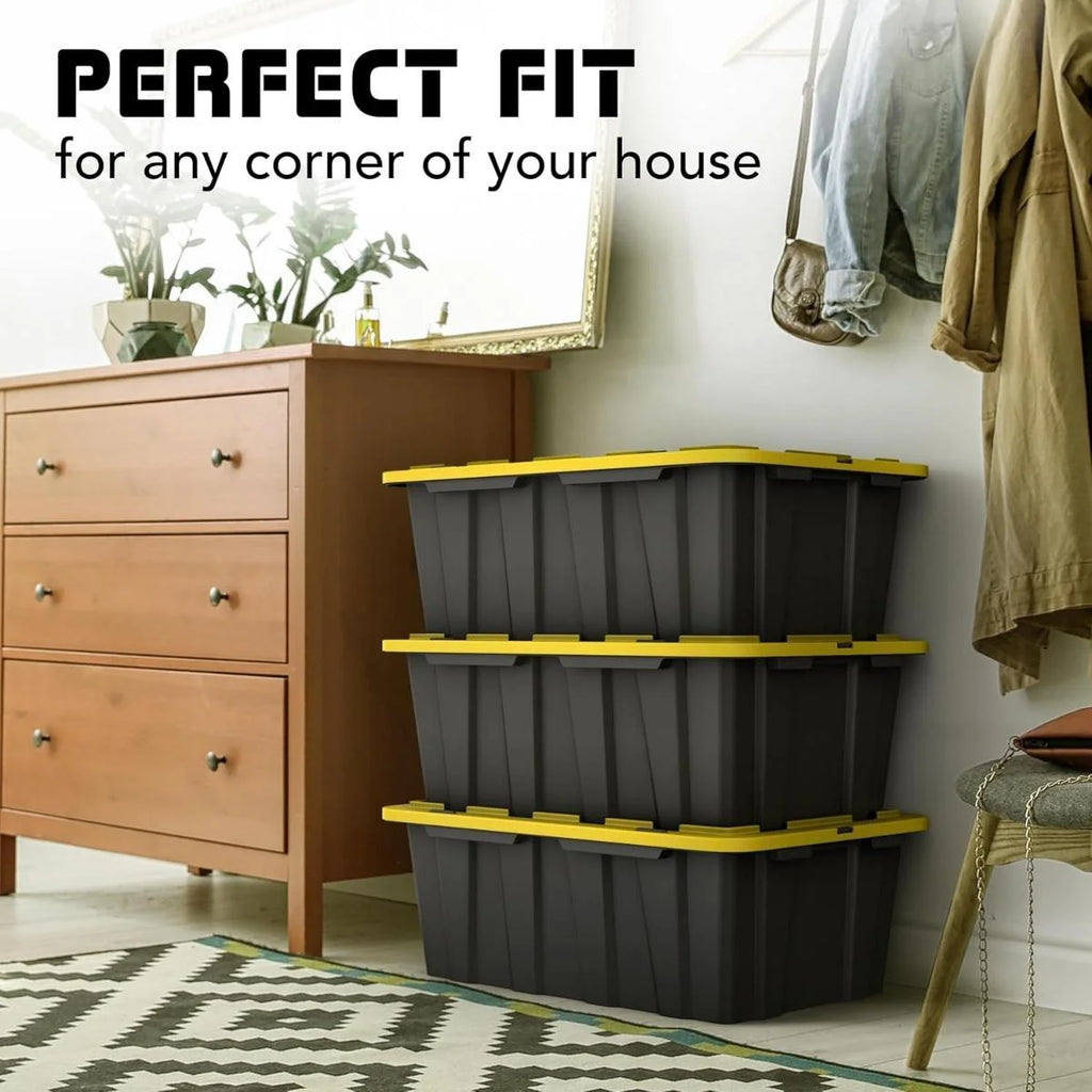 8 PACK of Medium 12 Gallon Plastic Storage Bin Tote Organizing Container with Ultra Durable Secure Latching Lids Stackable Extra Strength Clear with Built in Handle - Black and Yellow – Stackable Organization for Streamlined Everyday Routines